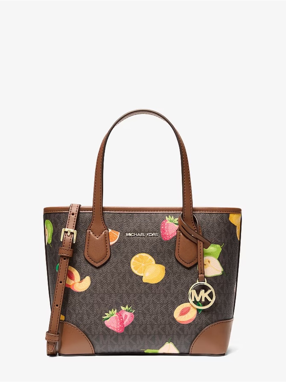 Michael Kors Brown Logo Mini Tote with Colorful Fruit Print - Picture 2 of 3